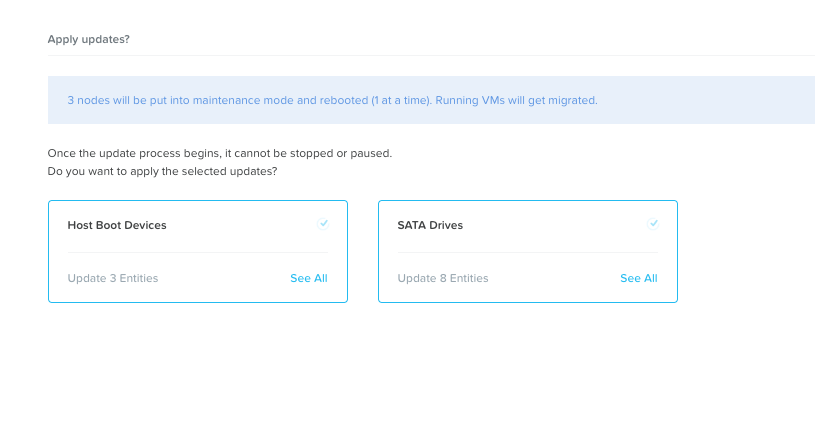Nutanix Life Cycle Manager listing available firmware updates on a three-node cluster