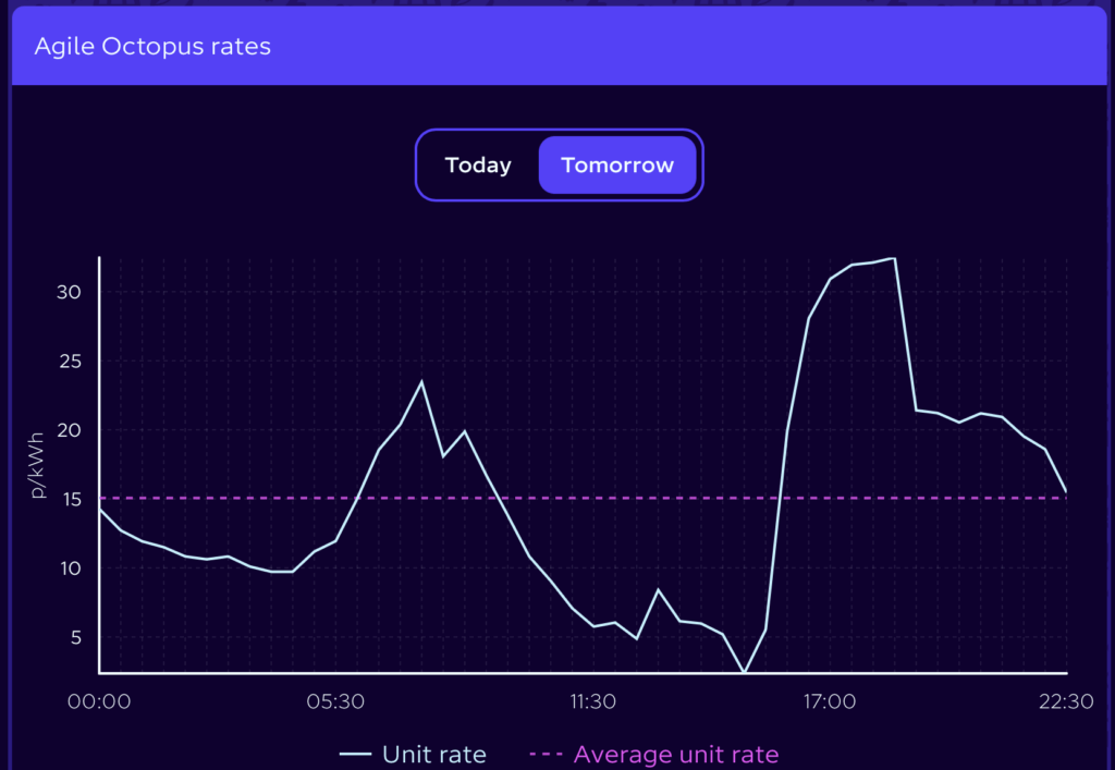 Octopus Agile electricity price rates dashboard showing half-hourly pricing