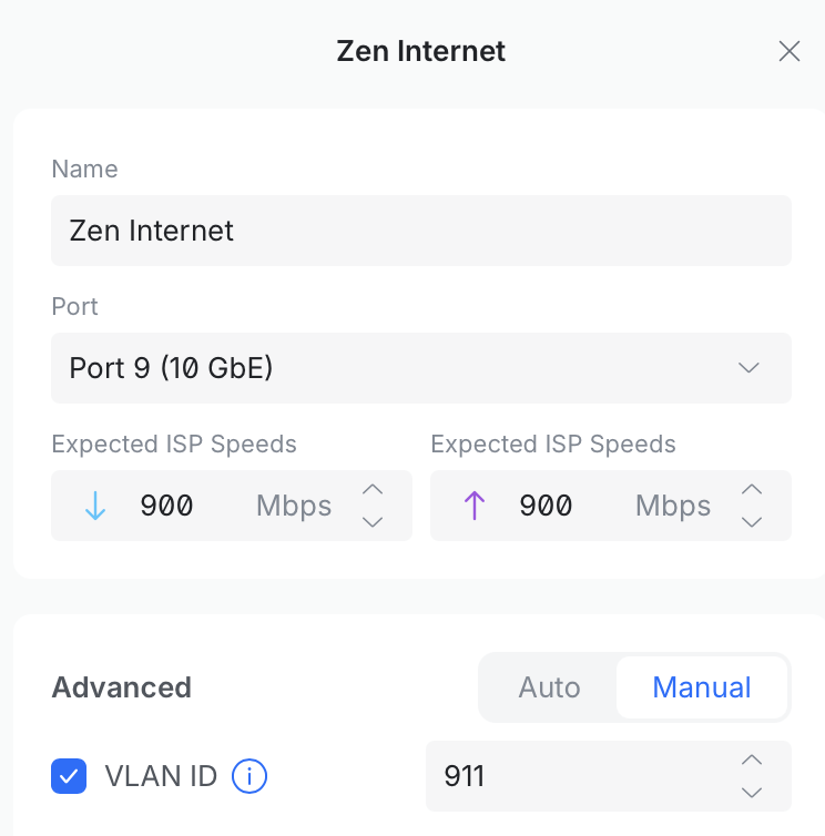 UDM Beast WAN setup for the Zen Internet connection on Port 9 (10 GbE), with VLAN ID 911 set manually for CityFibre.