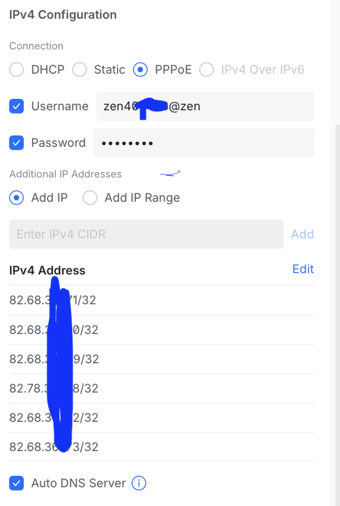UDM Beast PPPoE configuration showing the Zen Internet username and password, plus the additional /32 IPv4 addresses from the /29 allocation.