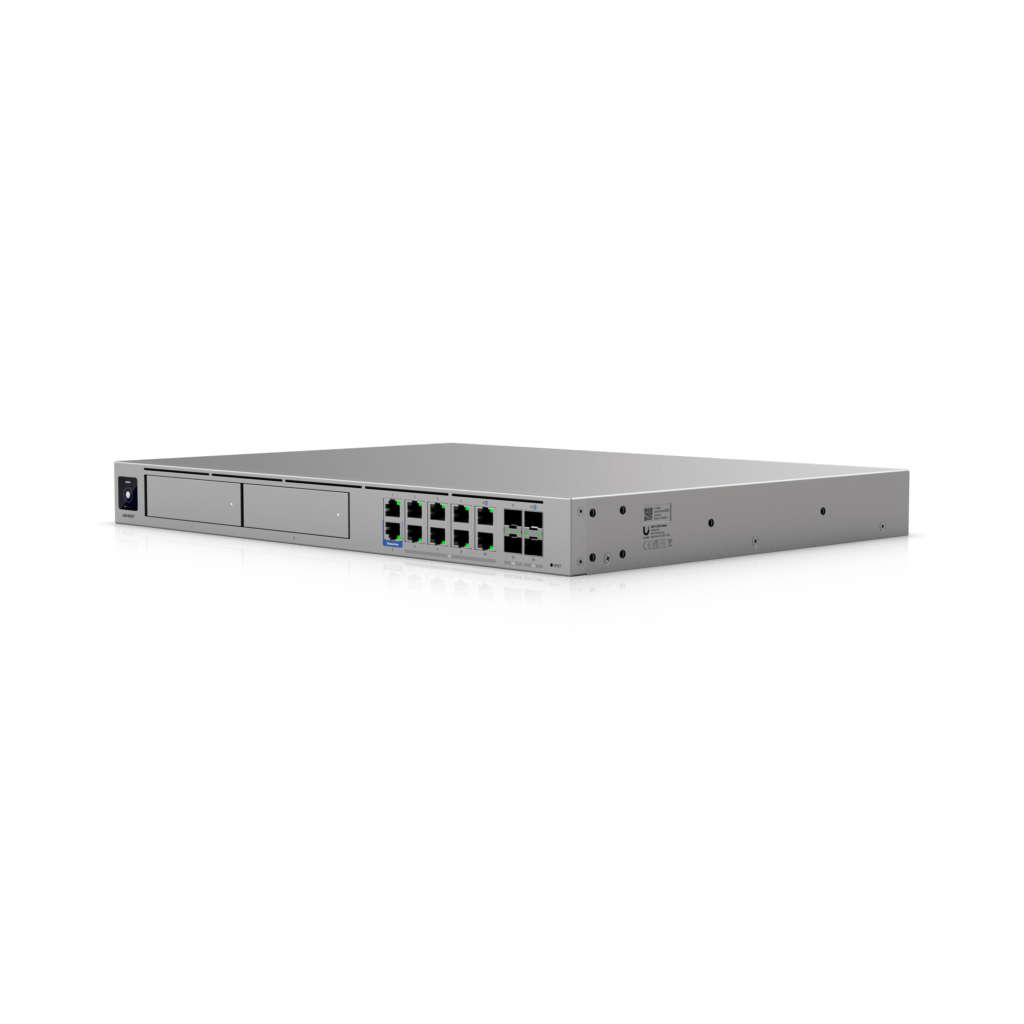 Angled product render of the UniFi UDM Beast, showing its front drive bays, RJ45 ports and SFP cages.